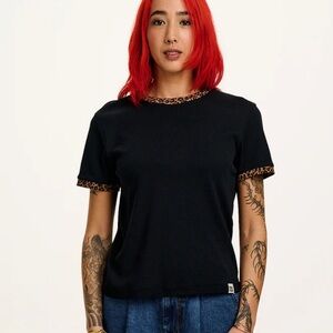 Lucy & Yak Maya Cotton Tee in Black with Leopard Print Trim Medium